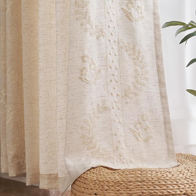 jinchan Belrose Linen Curtains for Bedroom Floral Curtains 63 Inch Length Linen Blend Ivory Embroidered Drapes Farmhouse Flower Patterned Drapes for Living Room Window Treatments Set 2 Panels