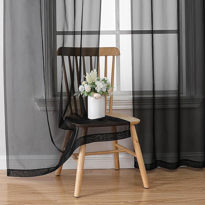 Chyhomenyc Black Sheer Curtain 72 Inches Length 2 Panels, Voile Rod Pockets Light Filtering Airy Window Treatment Drapes for Living Room Bedroom, Each 42Wx72L