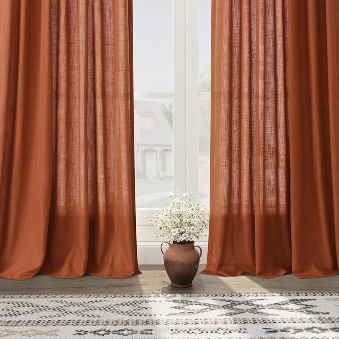 Nanspring Terracotta Linen Blend Semi Sheer Curtains 86 Inches Long 2 Panel Set Pocket Back Tab Brick Burnt Orange Privacy Decorative Decor Curtain Drapes for Bedroom Living Room 52x86