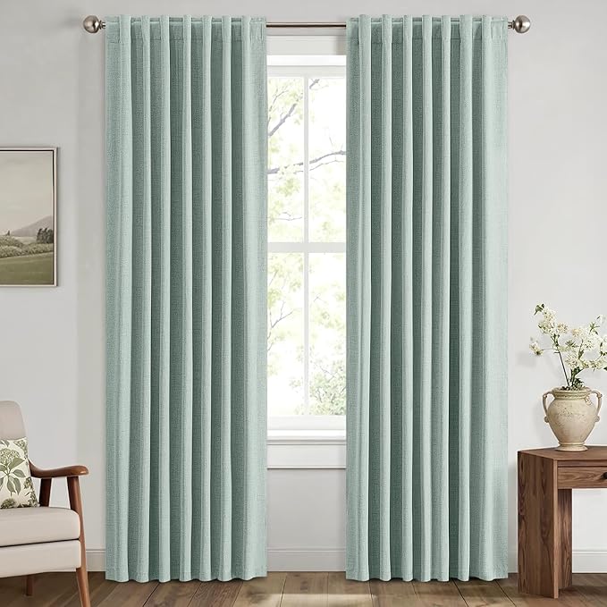 MIULEE 100% Blackout Linen Curtains for Bedroom, Seafoam Green Solid Luxury Decor Thermal Insulation Room Darkening Drapes for Living Room Nursery Back Tab Rod Pocket 42 x 72 Inches, 2 Panels