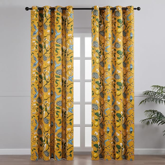 Topfinel 100 Inches Long Mustard Yellow Luxury Curtains for Living Room Bedroom, Blackout Vintage Art Deco Victorian Curtains Floral Lemon Hummingbird Printed Grommet Drape 100 Inch Length