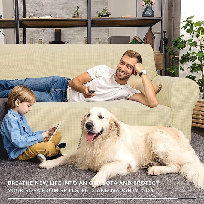 ZNSAYOTX Stretch Oversized Couch Cover Universal Sofa Covers for Living Room Dogs Pet Furniture Protector Spandex Extra Large Sofa Slipcovers with Anti Slip Foam Sticks (Beige, XL Sofa)