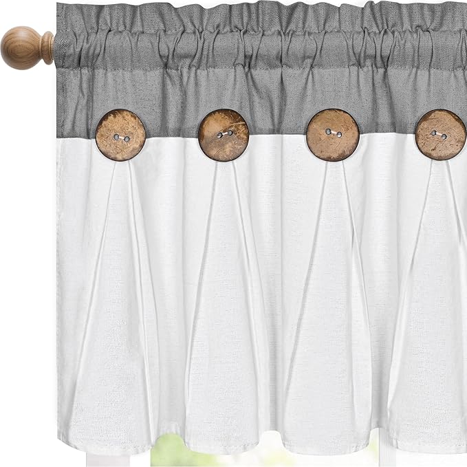 FRAMICS Farmhouse Valance Curtains, Boho Cotton Linen Kitchen Valance, Grey Rustic Button Window Valances for Kitchen Bathroom Bedroom, Country Rod Pocket Valances for Windows, Grey, 52 x 18 Inch