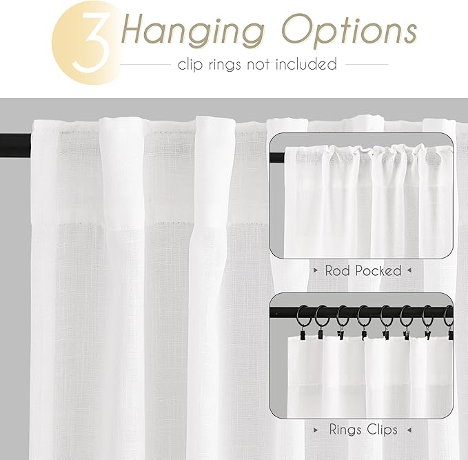 White Linen Curtains 72 inch Long 2 Panel Set for Living Room Back Tab Semi Sheer Light Filtering Bedroom Window Curtain 72 inch Length Cotton Textured Modern Elegant Coastal Drapes 42x72