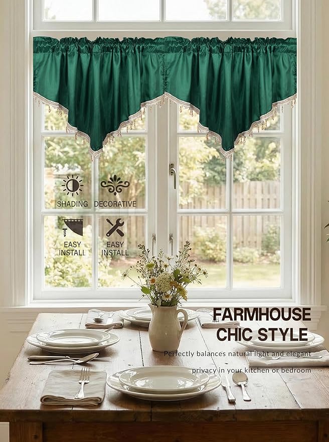 Molaxhome Swag Curtain 51 inch Length Rod Pocket Scalloped Curtain Valance Sheer Lace Panels with Hanging Crystal Beads for Kitchen Bedroom Window Treatments Drape Decor 1pc (Cloth Green, 51Wx23L)