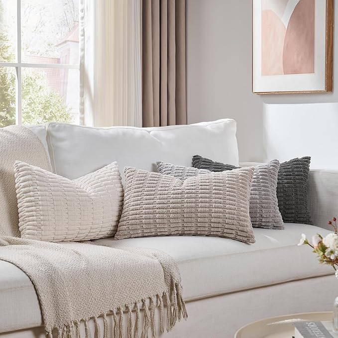 Fancy Homi Set of 4 Grey and White Lumbar Rectangle Decorative Throw Pillow Covers 14x24 Inch for Couch Bed Chair, Farmhouse Boho Room Decor, Soft Fuzzy Thick Corduroy Textured Cushion Case 35x60cm