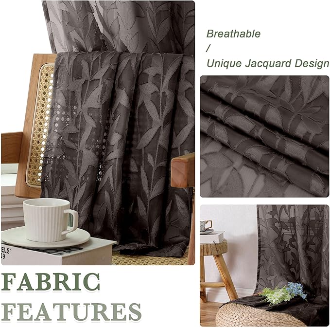 Lecloud Leia 2 Panels Sheer Chocolate Brown Curtain 54 Inch Length, Light Reducing Jacquard Textured Leaf Voile Bedroom Curtain, Gauzy Clip Short Drapes with Dual Rod Pocket, 38x54 Inches