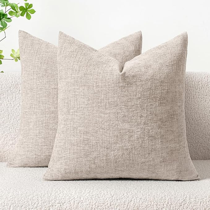 MIULEE Pack of 2 Couch Throw Pillow Covers 20x20 Inch Soft Light Brown Chenille Pillow Covers for Sofa Living Room Solid Dyed Pillow Cases