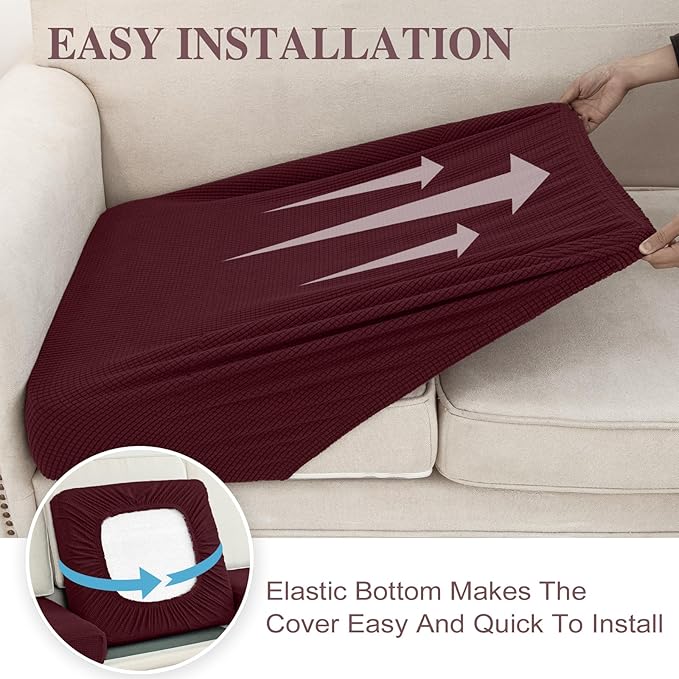 Couch Cushion Covers for Sectional Sofa L Shape Washable Separate Seat Chaise Couch Cover Stretch Sofa Slipcovers with 2 Pcs Pillowcases(3 Seater + 1 Chaise, Burgundy)