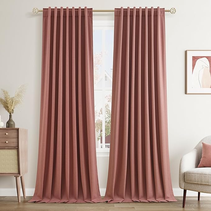 Dusty Rose 100% Blackout Linen Curtains 108 Inch Length 2 Panels Set for Girls Bedroom Back Tab Thermal Insulated Black Out Drapes Room Darkening Farmhouse Style for Bedroom Window Curtains 52x108