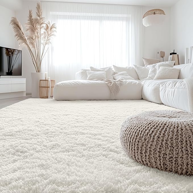 OLANLY 7x11 Machine Washable Large Area Rugs for Living Room, Bedroom, Soft Fluffy Shaggy Bedside Rug, Indoor Floor Carpet for Kids Girls and Boys, Dorms, Nursery, Home Decor Aesthetic, Ivory