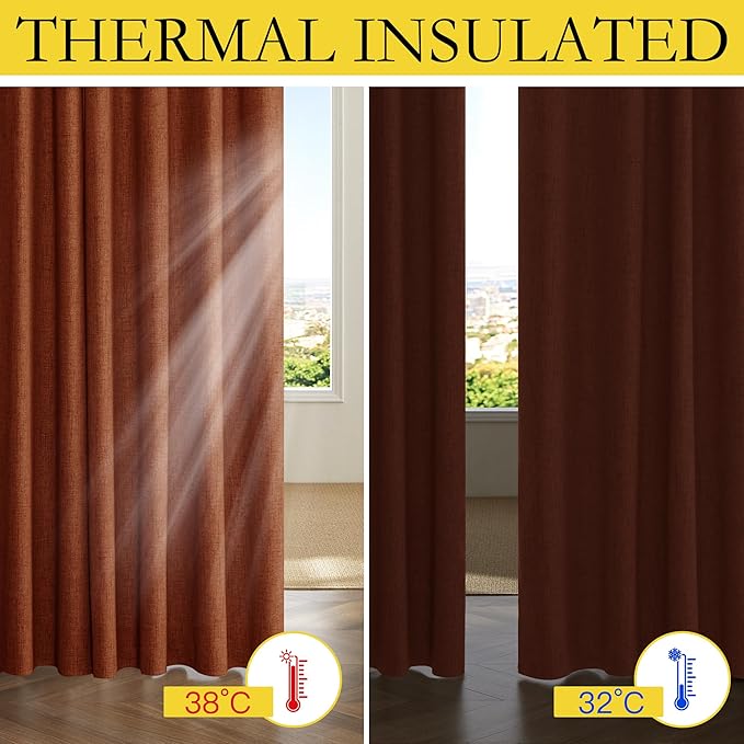 NICETOWN 100% Absolutely Blackout Linen Curtains with Thermal Insulated Liner, 42" Wide, 2 Panels, 90" Long Drapes, Grommet Retro Burnt Orange Linen Curtains Vertical Drapes Privacy for Bedroom