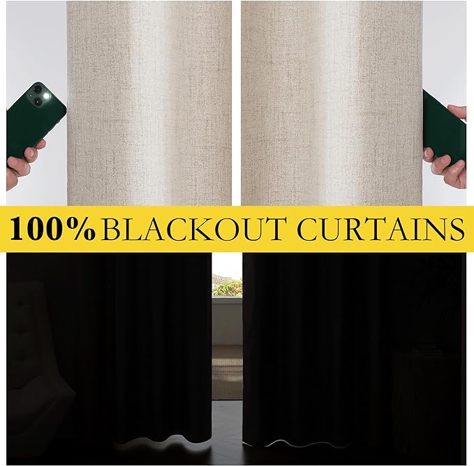 NICETOWN Oatmeal Vintage Open Linen Weave Flax Thermal Curtains, 100% Blackout Curtains 72" Long for Dining Room, Soundproof Window Treatment Drapes for Laundry Room, 62" Wide Per Panel, Set of 2