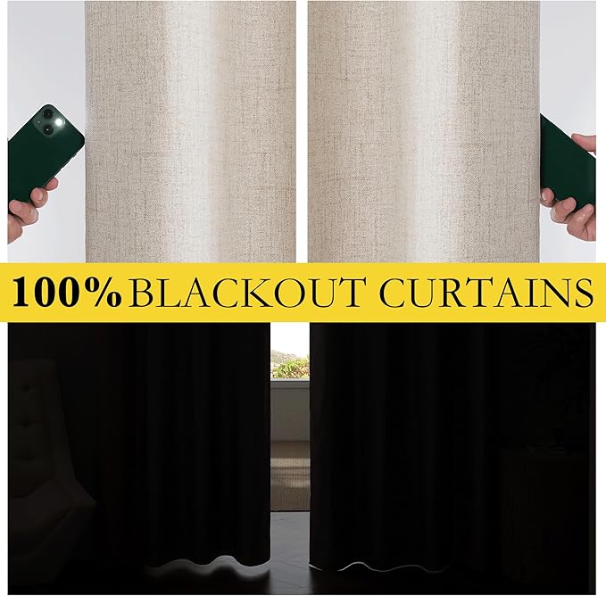 NICETOWN Oatmeal Vintage Open Linen Weave Flax Thermal Curtains, 100% Blackout Curtains 54" Long for Dining Room, Soundproof Window Treatment Drapes for Kitchen, 42" Wide Per Panel, Set of 2