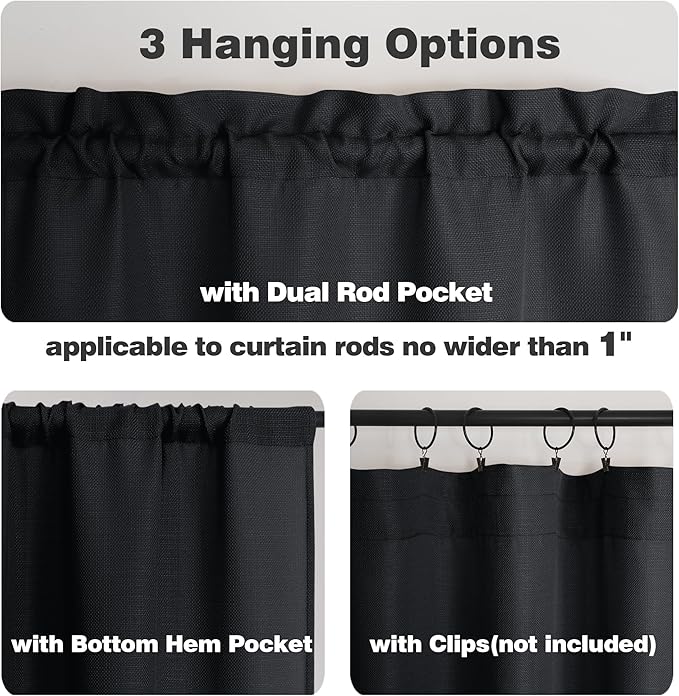 Chyhomenyc Black Short Curtain Valance for Windows, Faux Linen Textured Half Window Curtains, Burlap Solid Topper Small Curtain Valance for Bathroom Laundry Basement, 60Wx18L Inch, 1 Piece