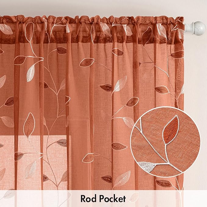 MIULEE Burnt Orange Sheer Curtains 2 Panels Embroidered Leaf Patterned Rod Pocket Floral Semi Faux Linen Window Fall Curtains Drapes Set for Living Room Bedroom Dining Room, 52x63 Inches Long