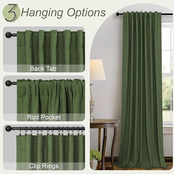 Ptialk Elegant Blackout Curtains for Living Room Eclectic Moody Dark Olive Green Linen Curtains 72 Inch Length 2 Panels Set Long Drapes for Closet Cover Back Tab Rod Pocket Hunter Green 52x72
