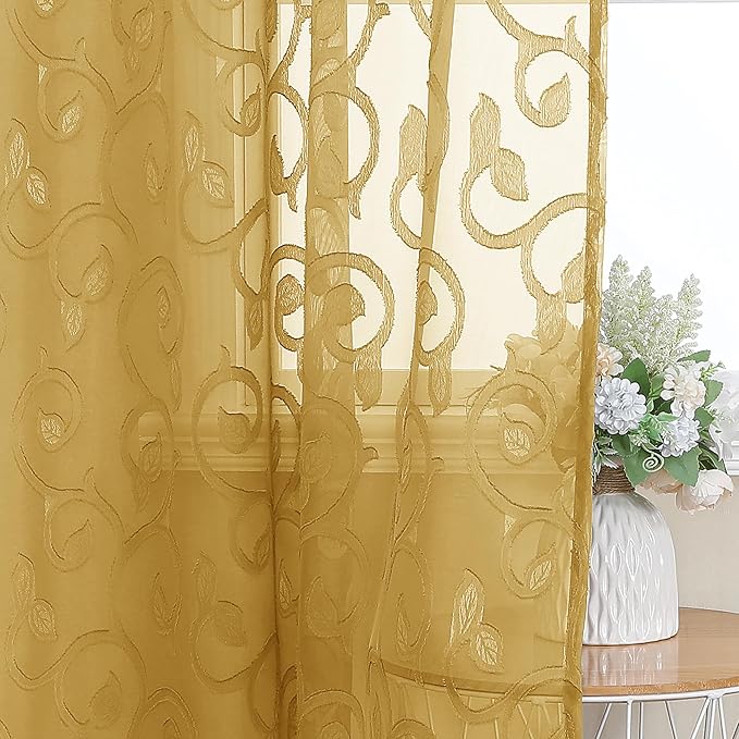 OWENIE Furman Gold Kitchen Curtains Tiers 36 inch Length, Light Filtering Soft Short Cafe Curtains Tier for Living Room Bedroom Small Windows Half Curtain, 2 Pcs, Each 40Wx36L inch