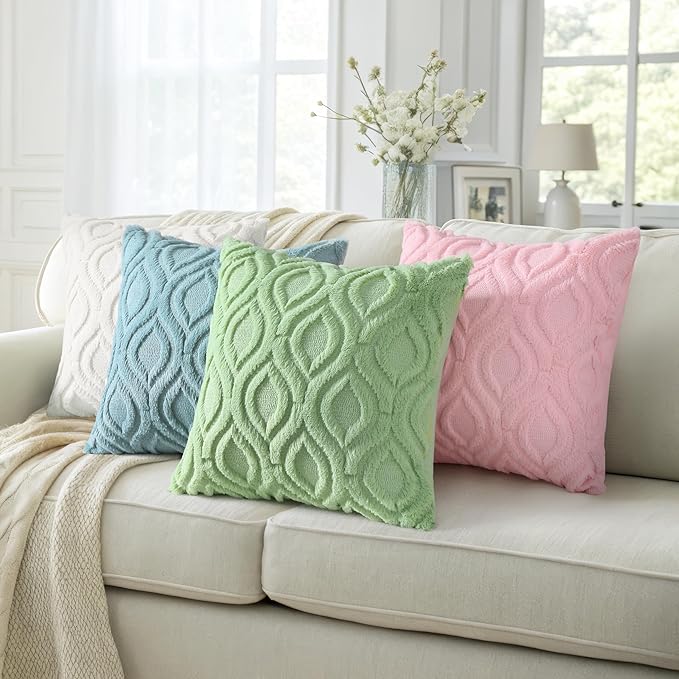 decorUhome Summer Throw Pillow Covers 24x24 Inch Set of 2, Soft Plush Faux Wool Light Sage Green Solid Couch Pillow Covers, Accent Euro Sham Farmhouse Square Pillow Cases for Sofa Bed Living Room