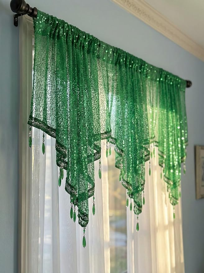 Molaxhome Swag Curtain 51 inch Length Rod Pocket Scalloped Curtain Valance Sheer Lace Panels with Hanging Crystal Beads for Kitchen Bedroom Window Treatments Drape Decor 1pc (Sequin Green, 51Wx23L)