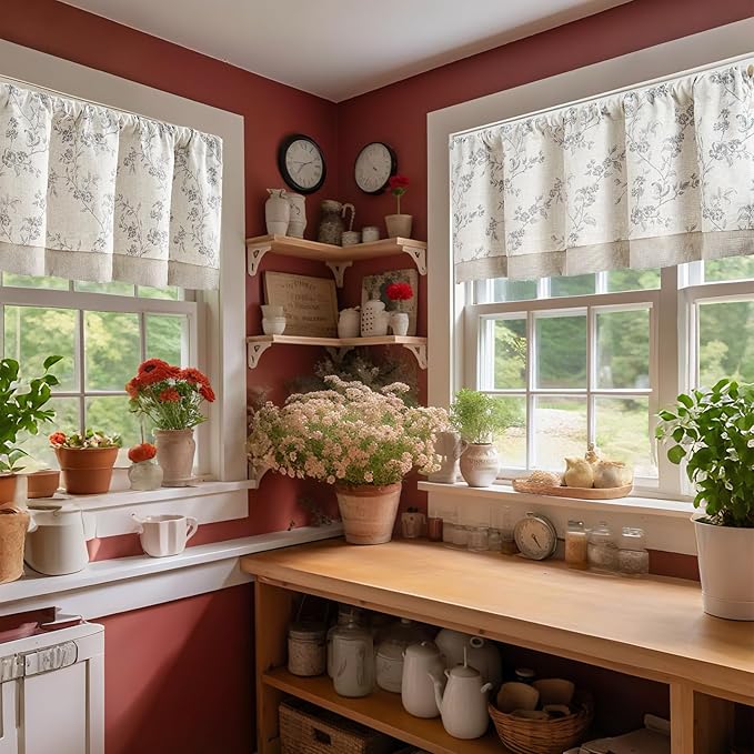 jinchan Linen Kitchen Valance for Windows 16 Inch Gray Floral Double Layer Valance Living Room Laundry Room Darkening Rustic Cottagecore Farmhouse Flower Window Treatment 1 Panel Grey on Linen