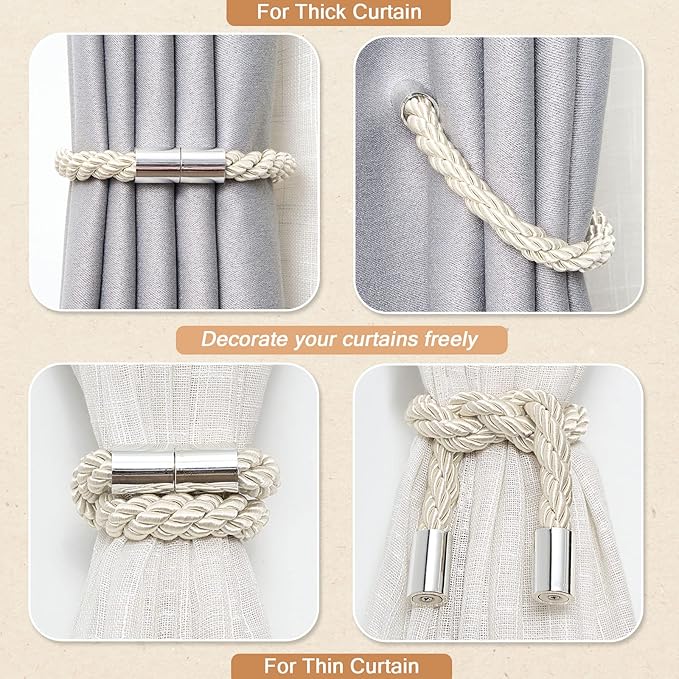 NICEEC 4 Pack Strong Magnetic Curtain Tiebacks Modern Simple Style Drape Tie Backs Convenient Decorative Weave Rope Curtain Holdbacks for Thin or Thick Home & Office Window Draperies (Beige)