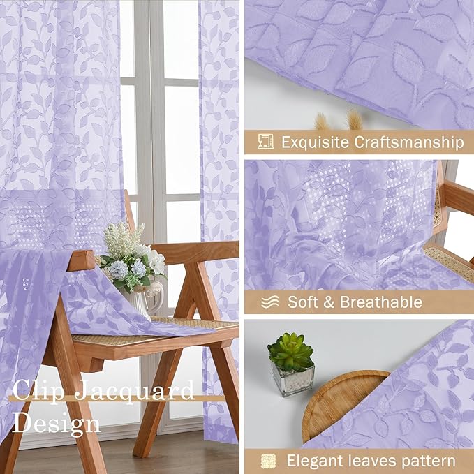 Chyhomenyc Light Purple Sheer Curtains 63 Inch Length 2 Panels Set, Light Filtering Tufted Textured Soft Airy Rod Pocket Cute Leaf Window Treatment Drapes for Bedroom Living Room, 42" Wx63 L, 2PCS