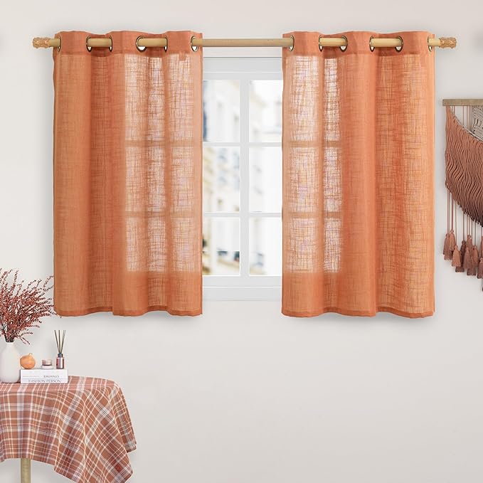 LAMIT Burnt Orange Linen Curtains 40 Inches Long for Windows, Bronze Grommet Semi Sheer Privacy Panels Light Filtering Boho Farmhouse Neutral Drapes for Bedroom/Living Room, 34 x 40 Inch, 2 Panels