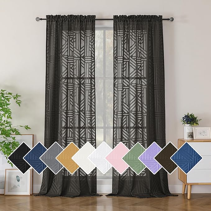 Simplebrand Chocolate Semi-Sheer Curtains, 42x96 Inch, 2 Panels, Light Filtering, Geometric Pattern, Modern Elegant Window Curtains for Living Room, Bedroom