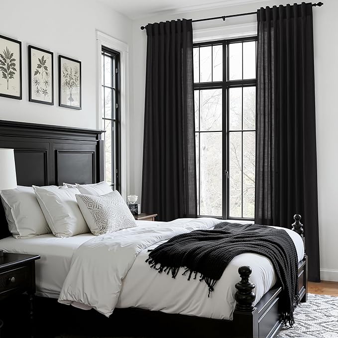 Vintage Black Linen Curtains for Living Room 90 Inches Long Light Filtering Semi Sheer Curtain Back Tab and Rod Pocket Privacy Luxury Gothic Vintage Decor Drapes for Bedroom Office 52x90, 2 Panels