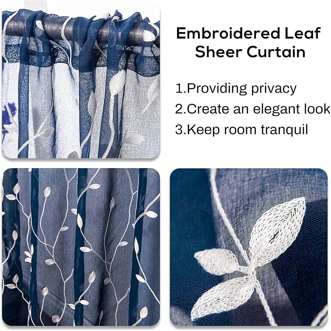 AmHoo 2 Panels Embroidered Leaf Pattern Semi Sheer Curtains Foliage Floral Voile Window Draperies Treatment for Bedroom Living Room Rod Pocket Navy Blue 53 x 95 Inch
