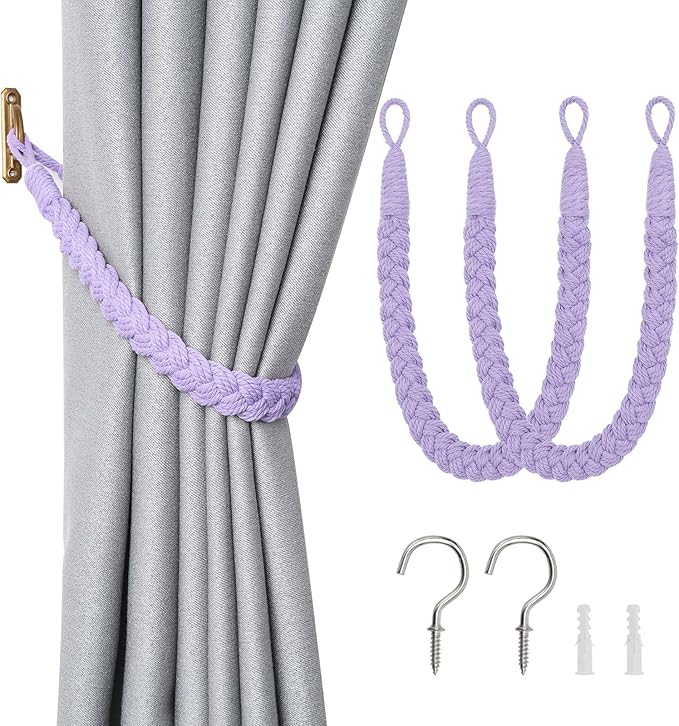 NICEEC 2 Pack Natural Cotton Rope Curtain Tiebacks Elegant Boho Style Decorative Drape Tie Backs Soft Hand-Woven Rope Curtain Holdbacks with Metal Hook for Home & Office Drapery (Purple)