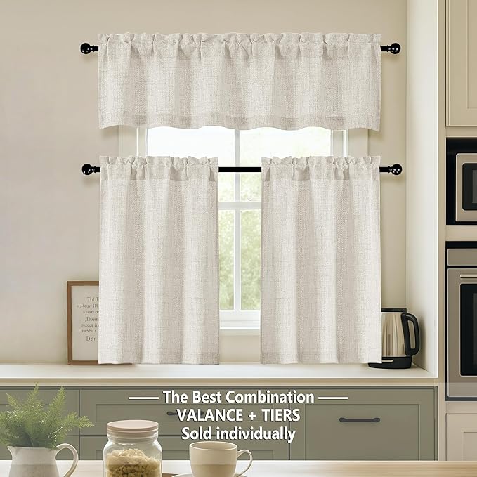 OVZME Natural Valance for Windows, Light Filtering Faux Linen Textured Small Kitchen Valances for Windows, Dual Rod Pocket Farmhouse Short Curtain for Bathroom Basement, 60Wx22L inch, 1 Piece