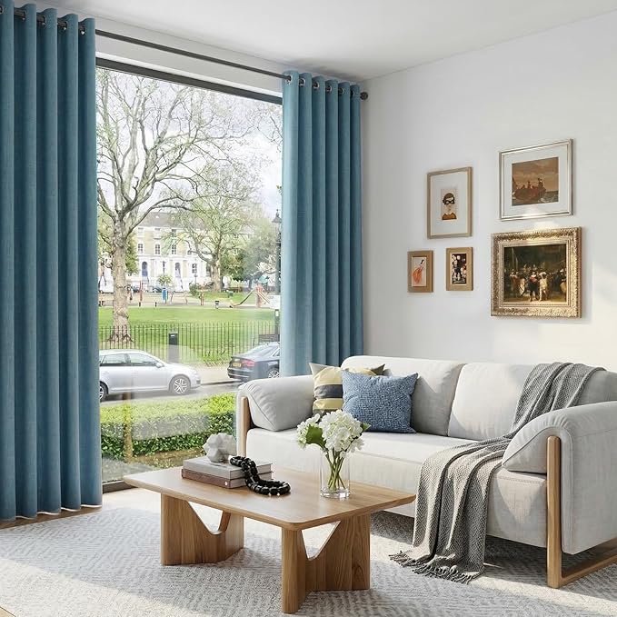 100% Blackout Shield Linen Blackout Curtains for Bedroom, Stone Blue Grommet Curtains for Living Room, Thermal Insulated Room Darkening Drapes for Nursery, Boho Home Decor, 50" W x 90" L, 2 Panels