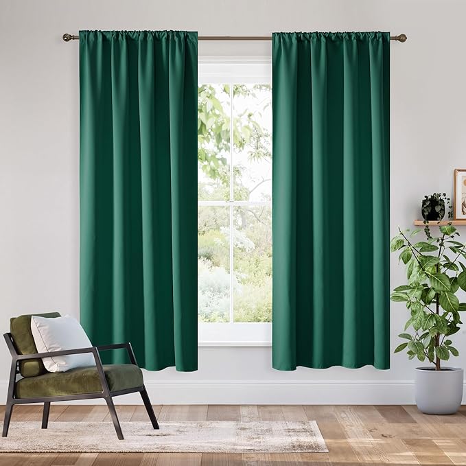 RYB HOME Bedroom Blackout Curtains 72 inches Long, 100% Blackout Thermal Insulated Noise Reducing Curtains for Living Room Nursury, 34 inches Wide by 72 inches Long, Dark Green