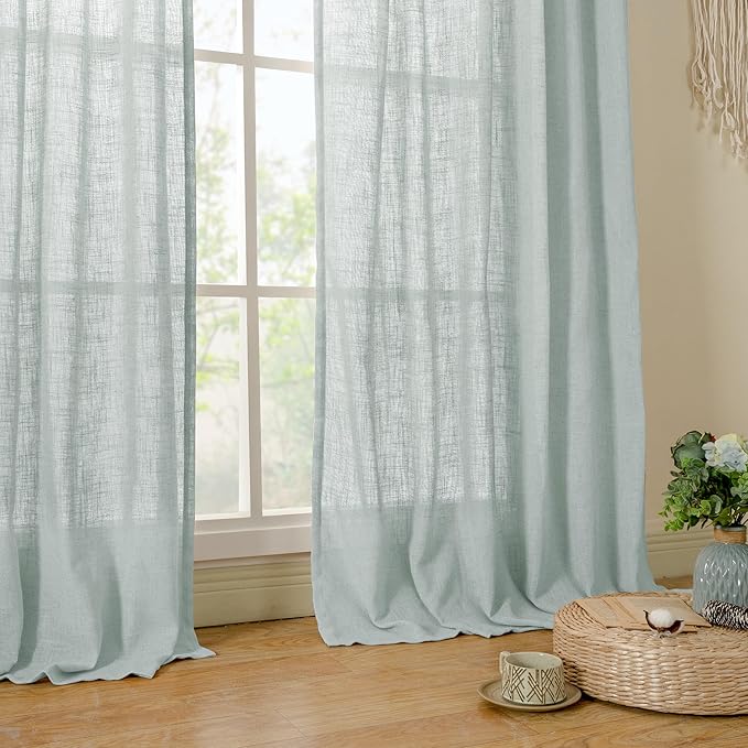 LAMIT 102 Inch Length Light Filtering Sheer Linen Curtains, Linen Textured Semi Sheer Back Tab and Rod Pocket Natural Boho Drapes for Living Room/Farmhouse, 2 Panels, Greyish Blue, 52 x 102 Inch