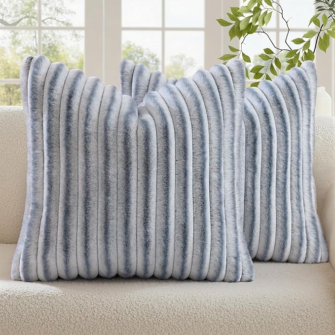 decorUhome Cozy Faux Fur Throw Pillow Covers 20x20 Set of 2 Decorative Soft Plush Striped Modern Farmhouse Boho Couch Pillow Cases with Velvet Back for Sofa Bed Living Room, Grey White