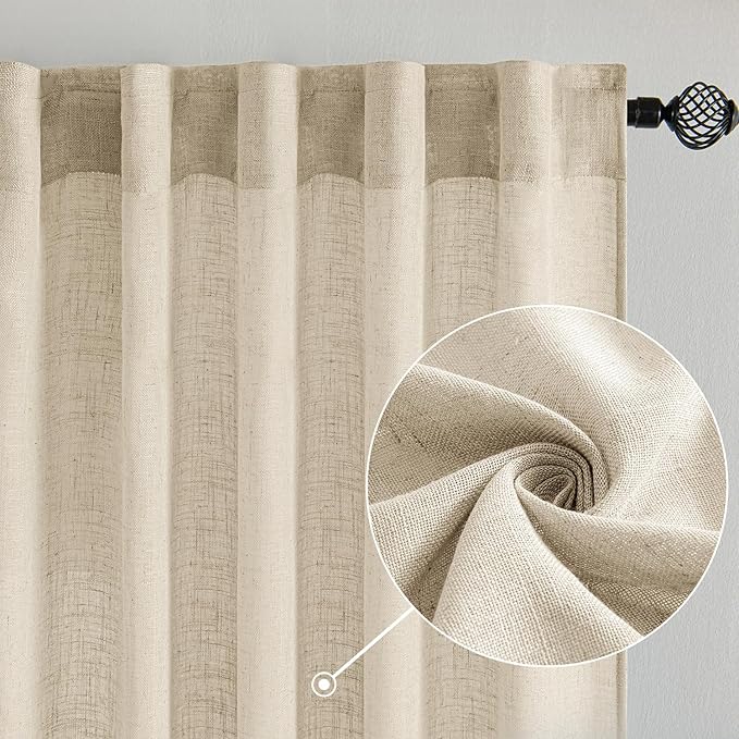 MIULEE Linen Curtains 96 Inch Length 2 Panels for Bedroom Living Room, Soft Thick Linen Textured Back Tab Window Drapes Semi Sheer Light Filtering Rod Pocket Modern Farmhouse Decor