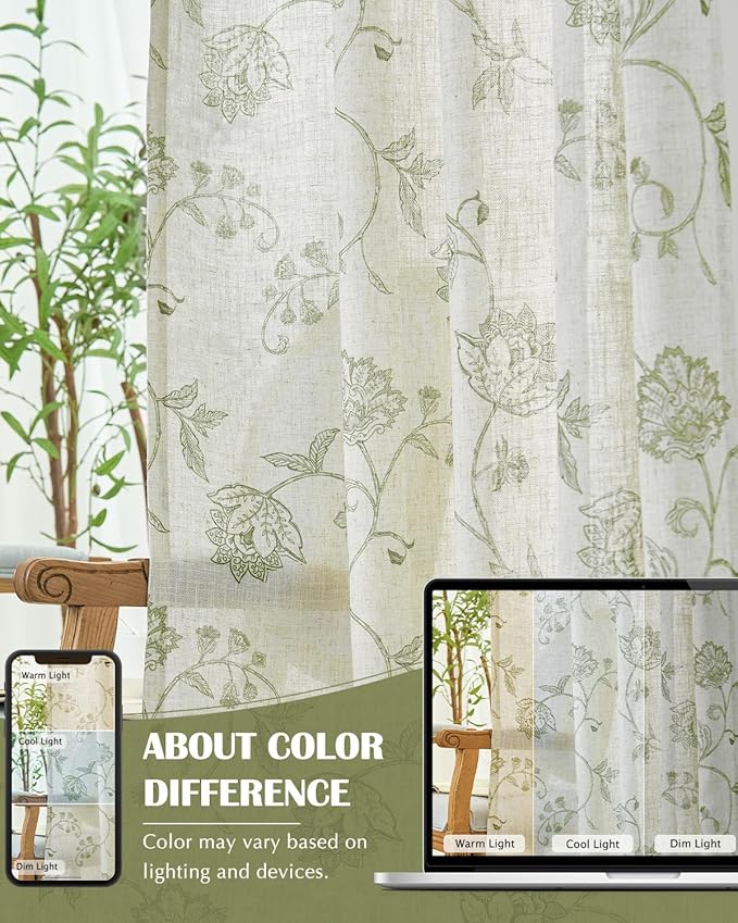 jinchan Linen Curtains Floral Curtains 96 Inch Length for Living Room Bedroom Light Filtering Rod Pocket Back Tab Farmhouse Curtains Flax Linen Texture Window Drapes Set 2 Panels Green on Linen