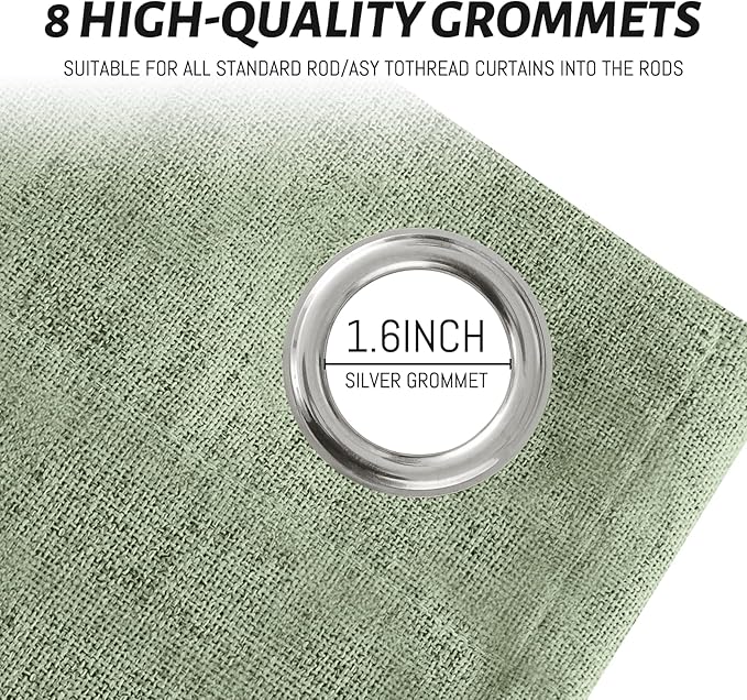 Yakamok Light Sage Green Linen Curtains 100% Blackout 90 Inches Long,Room Darkening Textured Curtains for Living Room Thermal Grommet Bedroom Curtains 2 Panels with White Liner
