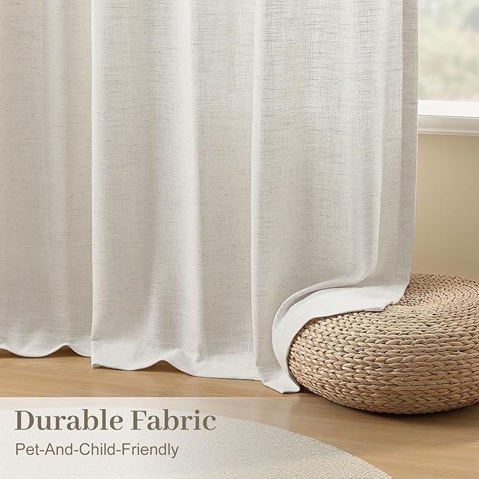Pinch Pleated Linen Curtains 90 Inches Long 2 Panels for Living Room, Light Filtering Semi Sheer Curtain Pleated Back Tab Memory Trained Drapes with Hooks Rings for Bedroom, 40x90, Beige White