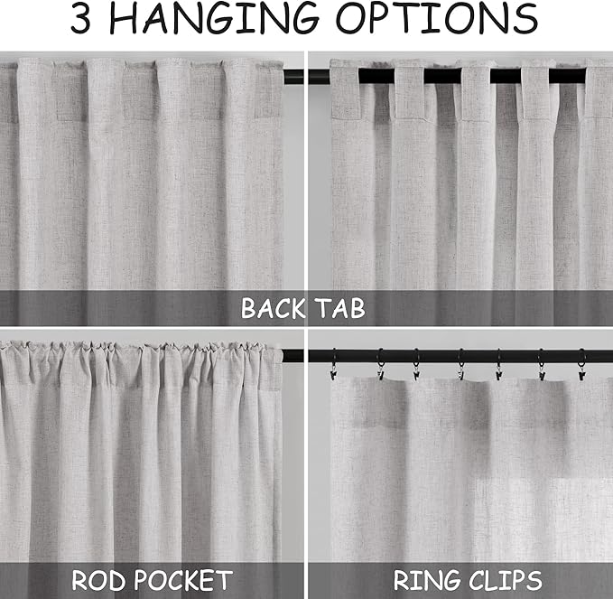 Grey Linen Curtains 102 Inches Long for Living Room 2 Panel Set Back Tab Rod Pocket Semi Sheer Curtains Light Filtering Burlap Extra Long Drapes Neutral Farmhouse Decor for High Window 40x102