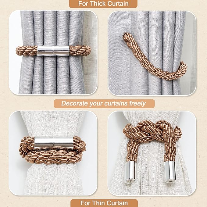 NICEEC 4 Pack Strong Magnetic Curtain Tiebacks Modern Simple Style Drape Tie Backs Convenient Decorative Weave Rope Curtain Holdbacks for Thin or Thick Home & Office Window Draperies (Light Coffee)