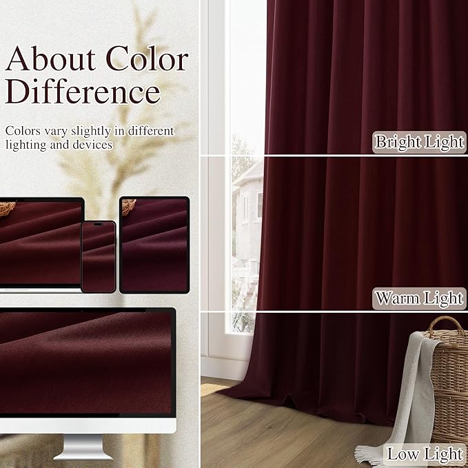 Guken Burgundy 100% Blackout Linen Curtains 84 Inch Length 2 Panels Set for Living Room Bedroom Back Tab Thermal Insulated Black Out Drapes Room Darkening Farmhouse Style for Bedroom Window Curtains