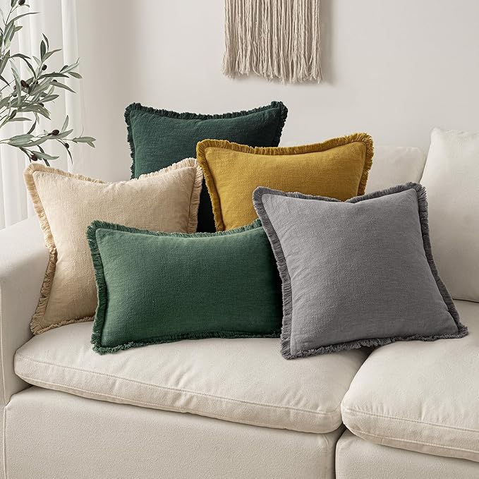 MIULEE Decorative Throw Pillow Covers Neutral Linen Fringe Throw Pillows Euro Shams Set of 2 Army Green Boho Farmhouse Cushion Covers for Couch Sofa Bed Living Room Home Decor 24x24 Inch