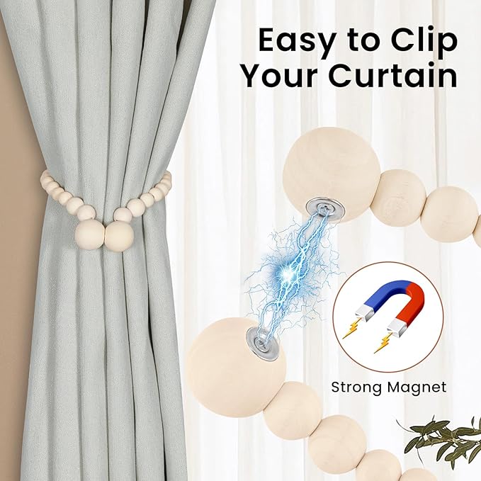 KLOGTSIND Magnetic Curtain Tiebacks, Curtain Tie Backs for Curtains 4 Pack, Wood Bead Curtain Tiebacks, Curtain Holders for Boho Bedroom Decor, Baby Nursery Decor, Farmhouse Decor