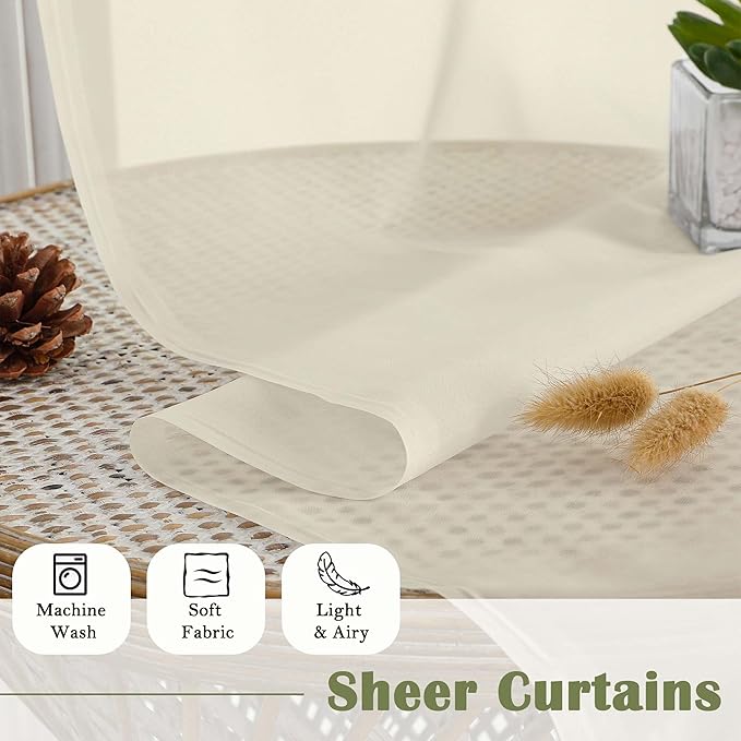 Lecloud Cream Sheer Curtains 108 Inches Long 2 Pcs, Dual Rod Pocket Home Decor Living Room Curtains for Bedroom, Light Filtering Airy Voile Solid Elegant Soft Drapes, Each Panel 59" W x 108" L