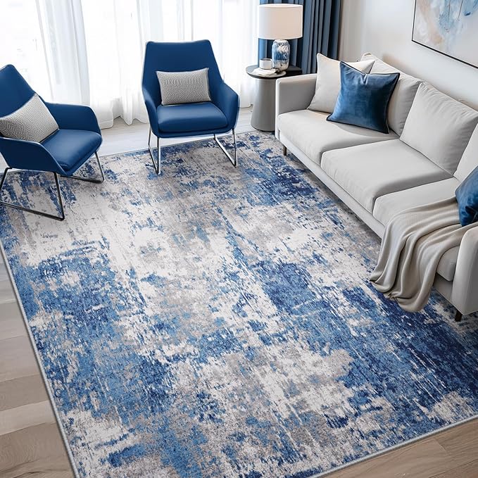 Washable Area Rugs 6'x8' Non-Slip Modern Abstract Soft for Living Room Entryway Bedroom Nursery, Print Pattern, Blue Grey Navy Gray