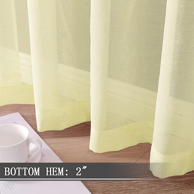 Tollpiz Short Sheer Curtains Living Room Linen Textured Curtain Sheers Light Filtering Voile Rod Pocket Curtains for Bedroom, 38 x 45 inches Long, Transparent Yellow, Set of 2 Panels