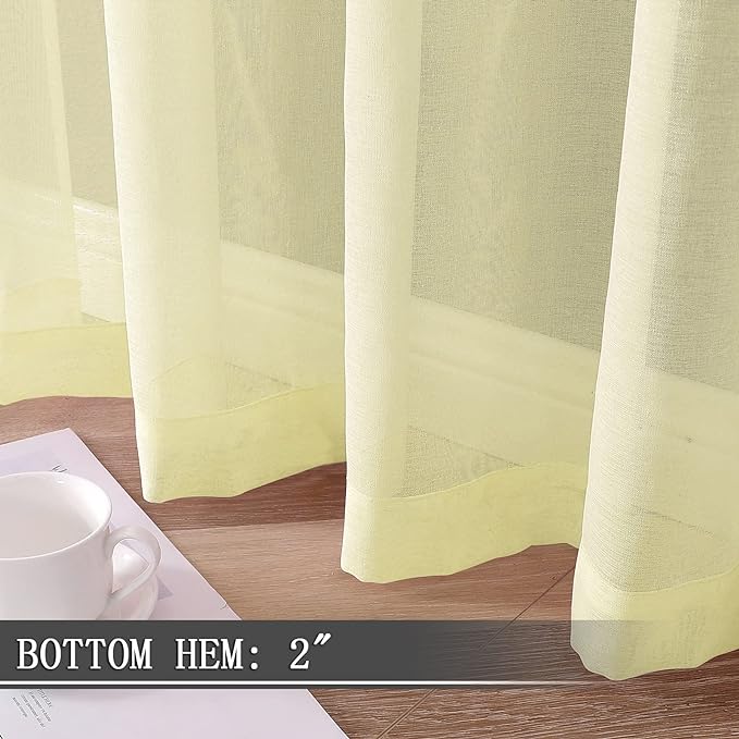 Tollpiz Short Sheer Curtains Linen Textured Bedroom Curtain Sheers Light Filtering Rod Pocket Voile Curtains for Living Room, 54 x 45 inches Long, Transparent Yellow, Set of 2 Panels